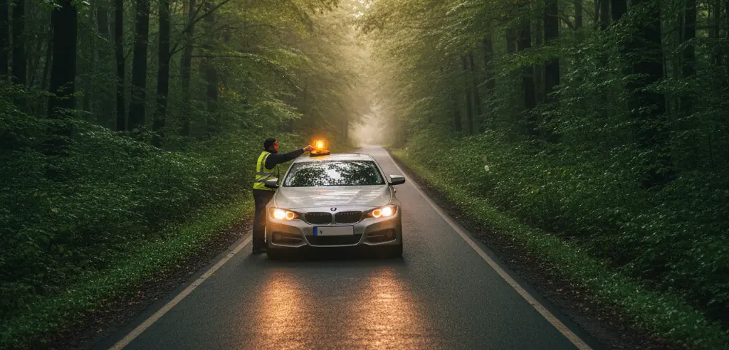 persona poniendo luz de emergencia v16 en el coche